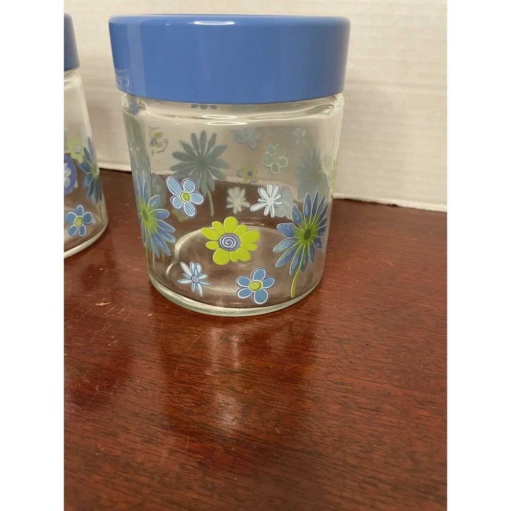 Vintage Glass Canister Jar Blue Lid Blue And Green Floral Retro Decor Set Of 2